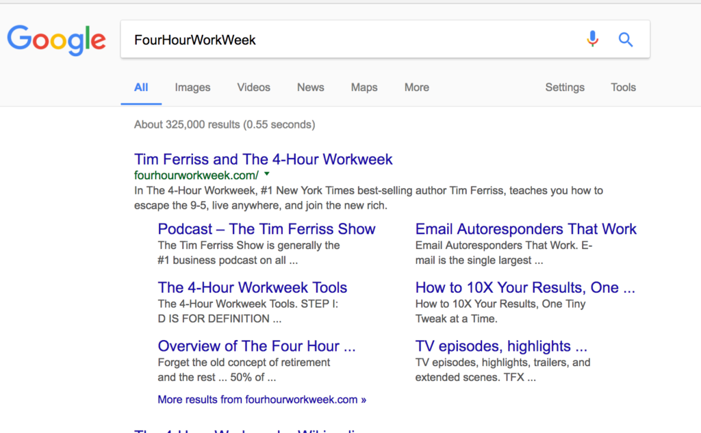 The Tim Ferriss Show Podcast ejemplo de Google Sitelinks
